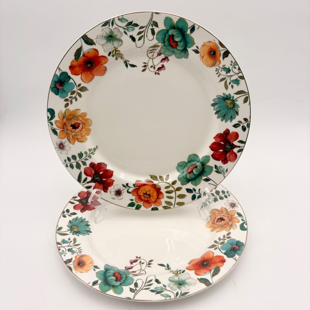 Monterey Bay Fine Porcelain Plates Set Floral Design Gold Rim Set of 2‎